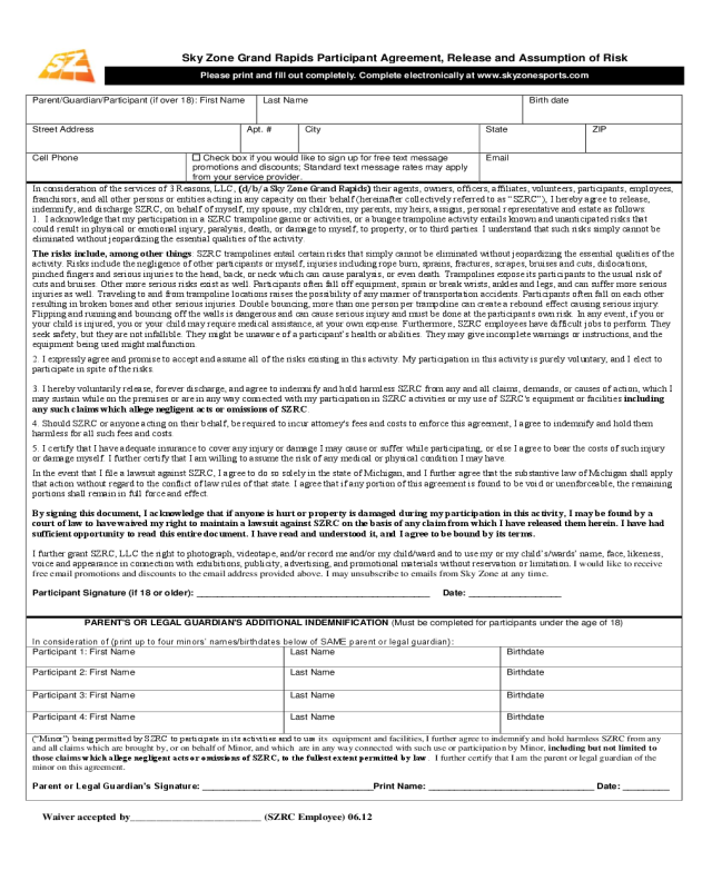 Sky Zone Grand Rapids Participant Agreement, Release and Assumption of Risk