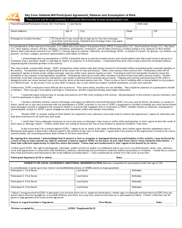 Sky Zone Oakdale, MN Participant Agreement, Release and Assumption of Risk
