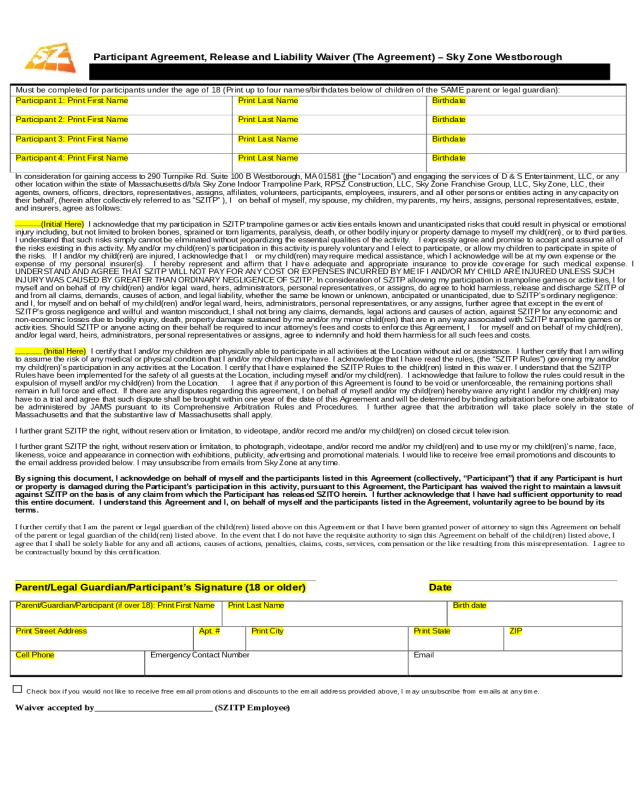 2023 Sky Zone Waiver Form Fillable Printable PDF Forms Handypdf