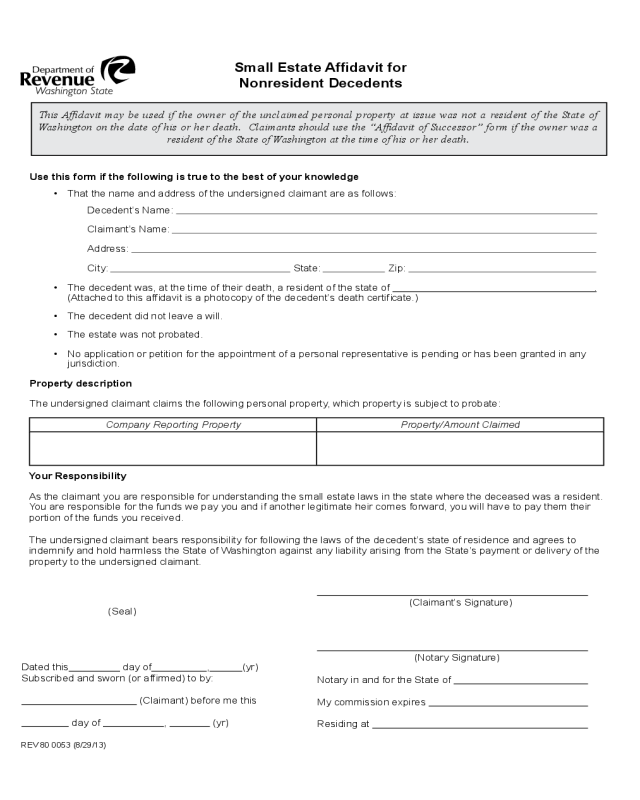 Small Estate Affidavit For Nonresident Decedents Page1 