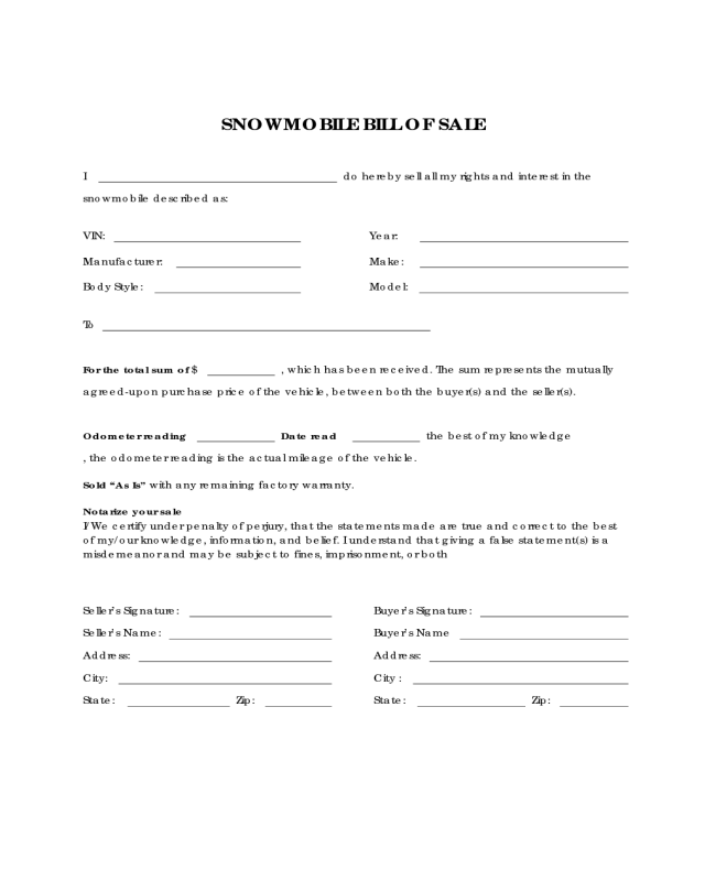 2023 Snowmobile Bill Of Sale Form Fillable Printable Pdf And Forms