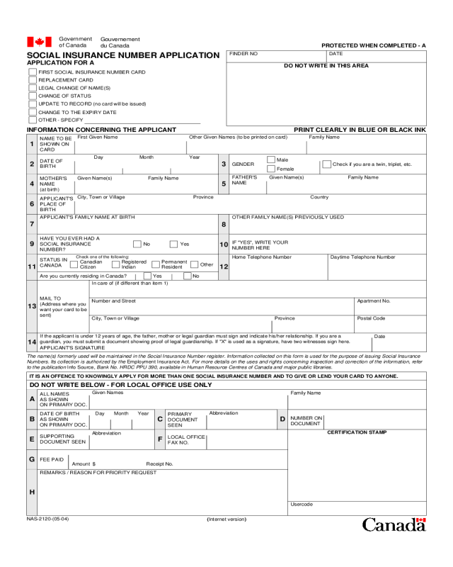 Social Insurance Number Application Form - Canada
