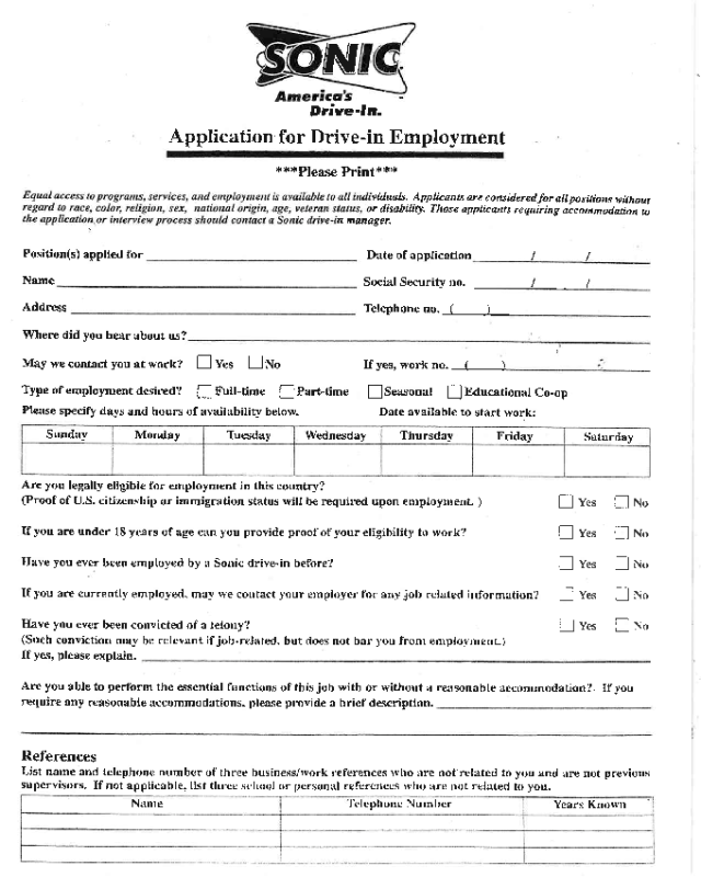 Sonic Drive-In Application Form