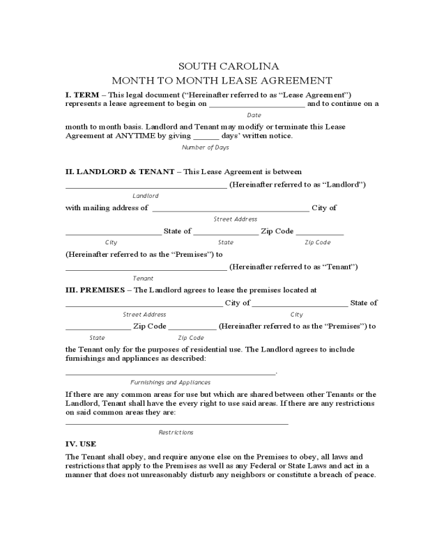 South Carolina Month to Month Lease Agreement Form