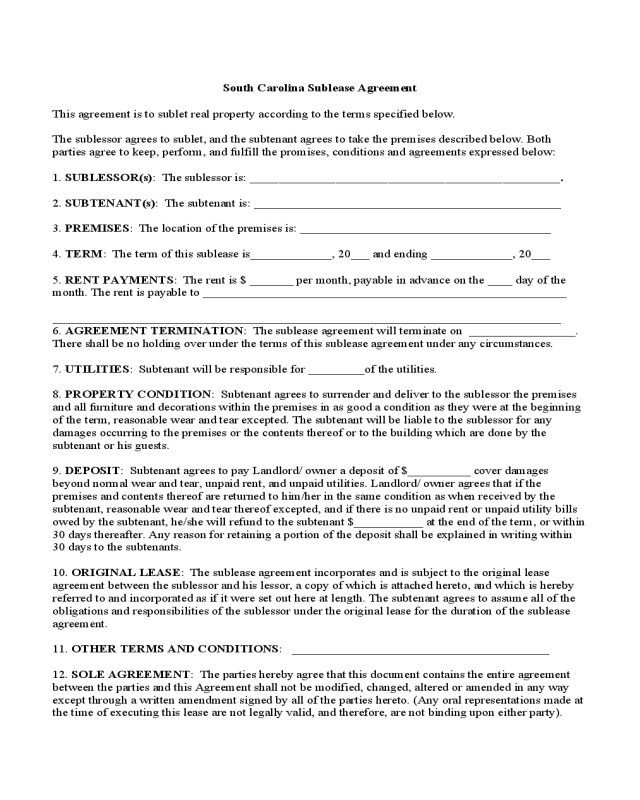 South Carolina Sublease Agreement Form