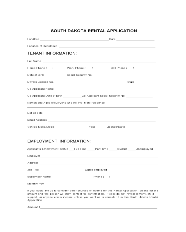 South Dakota Rental Application Form