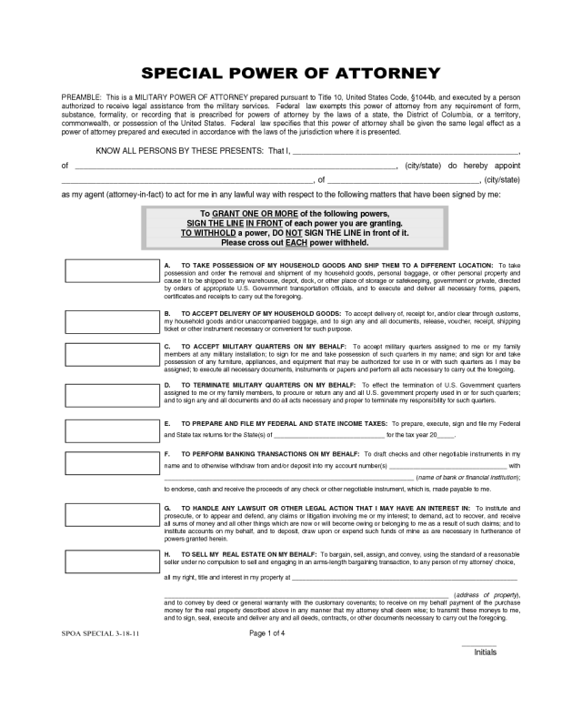 Special Military Power of Attorney Form 