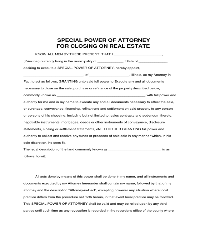 Special Power of Attorney for Closing on Real Estate