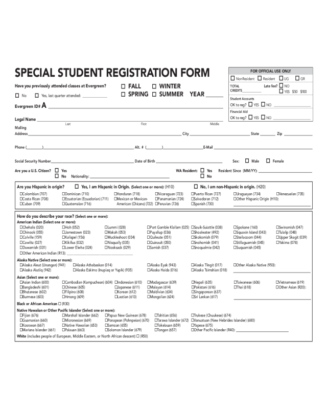 Special Student Registration Form - Evergreen State College