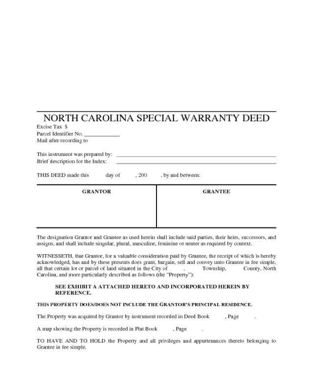 Special Warranty Deed - North Carolina