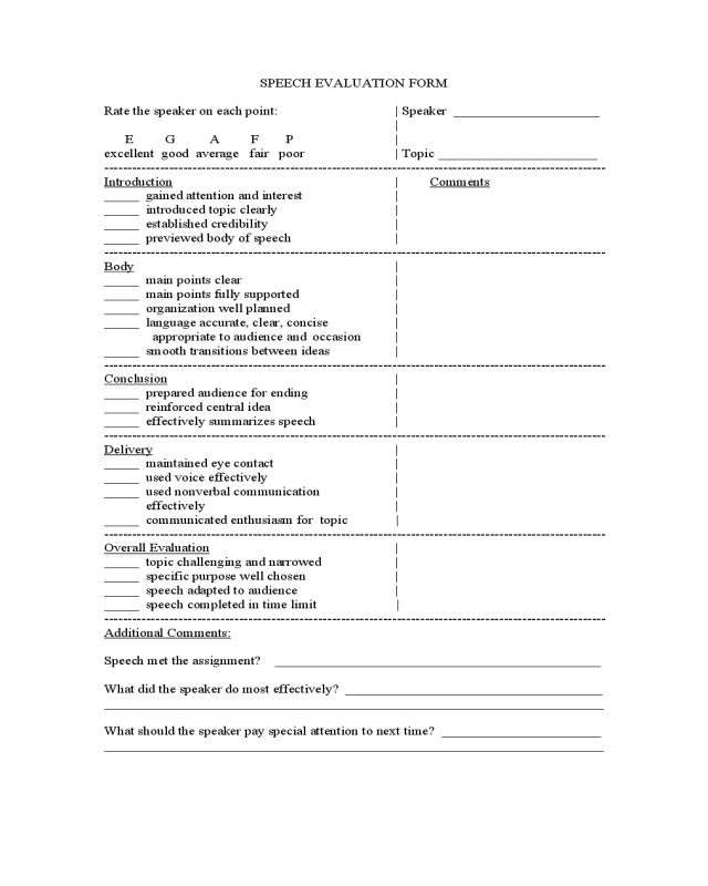 Speech Evaluation Form Sample
