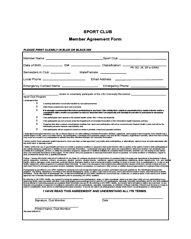 Sport Club Member Agreement Form
