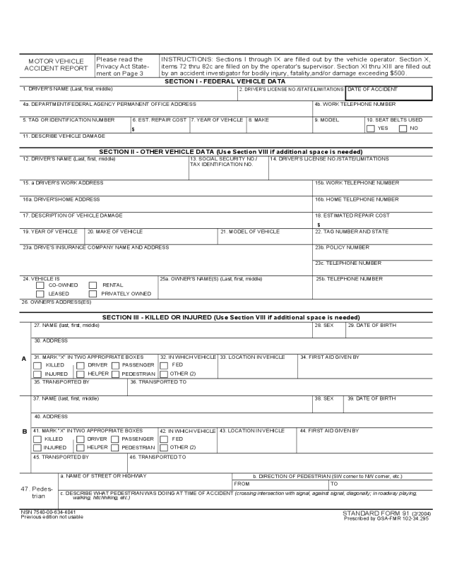 Standard Car Accident Report Form