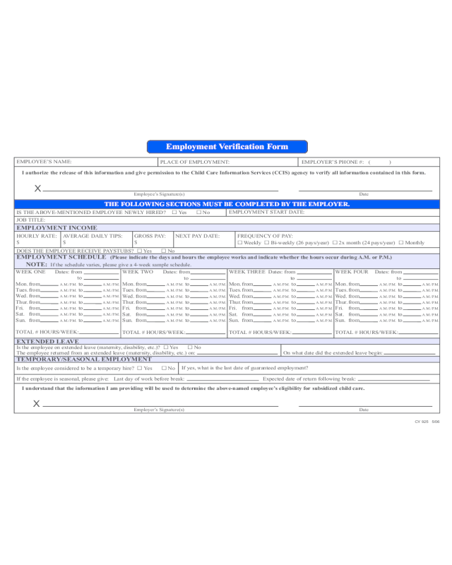 Standard Employment Verification Form