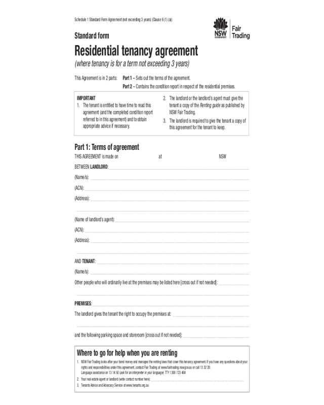 Standard Form for Residential Tenancy Agreement - New South Wales