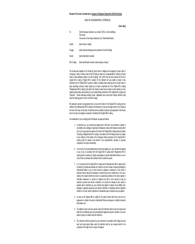 Standard Form Letter of Indemnity for Inssuance of Duplicate Original St of Bills of Lading