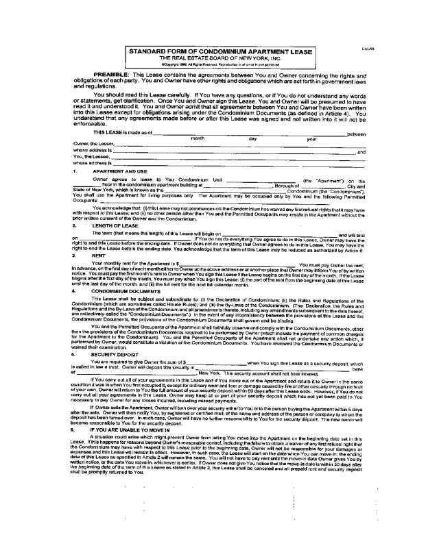 Standard Form of Condominium Lease Agreement