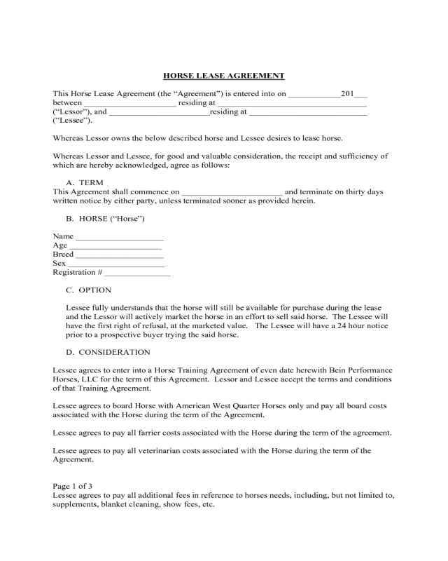 Standard Horse Lease Agreement