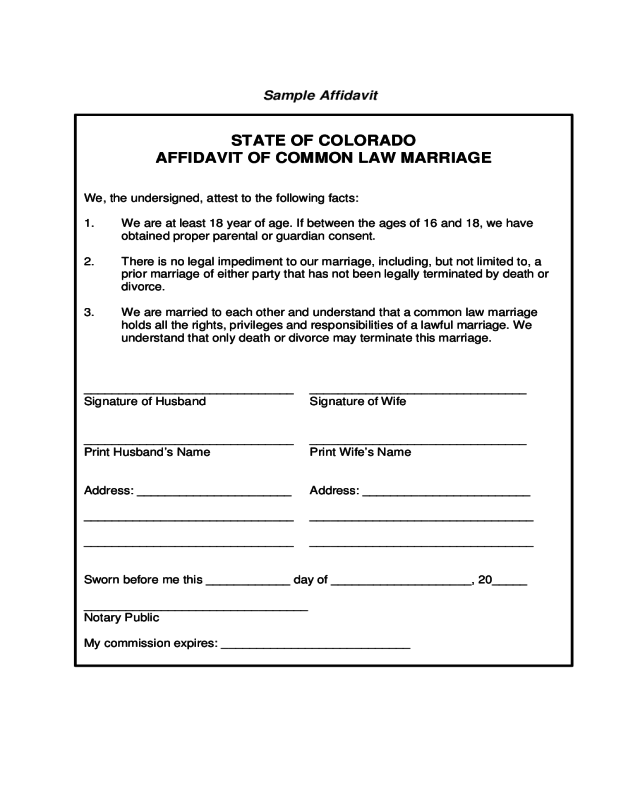 State of Colorado Affidavit of Common Law Marriage