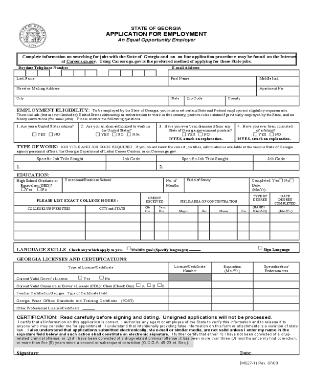 State of Georgia Application for Employment