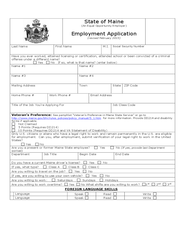 State of Maine Employment Application