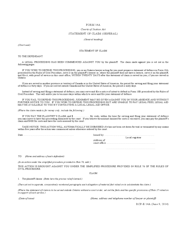 Statement Of Claim Form Ontario Edit Fill Sign Online Handypdf