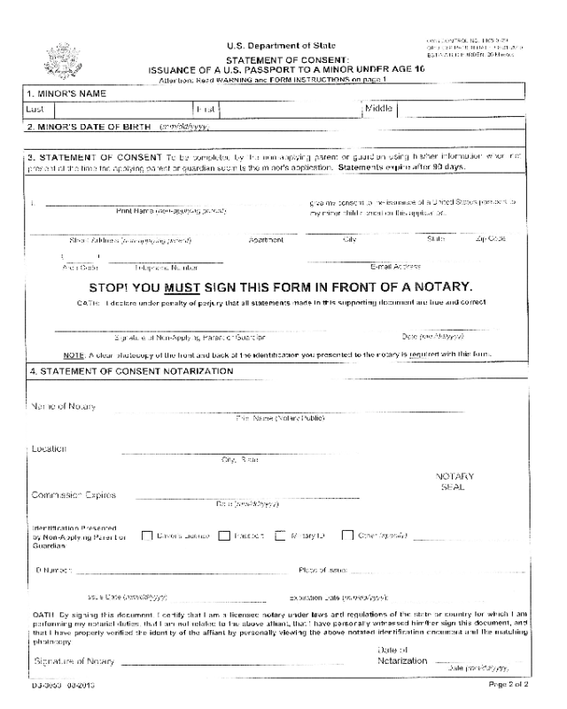 Statement of Consent: Issuance of A U.S. Passport to A Minor under Age 16