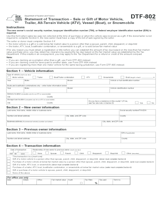 Statement of Transaction - Sale or Gift Form - New York