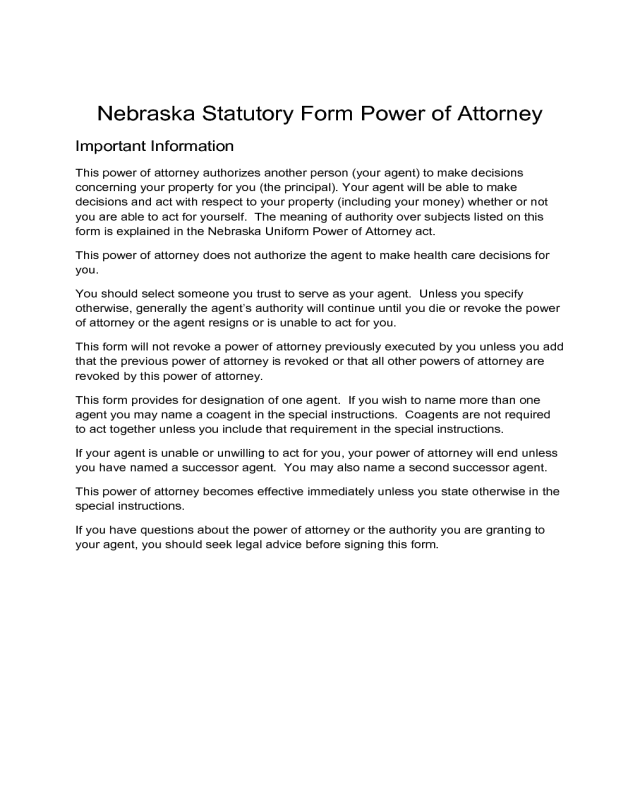 Statutory Form Power of Attorney - Nebraska