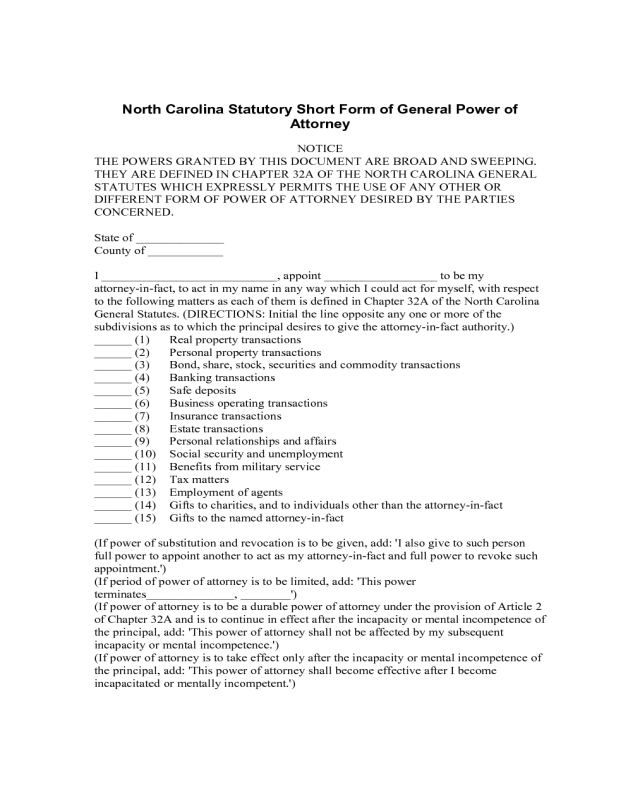 Statutory Short Form of General Power of Attorney - North Carolina