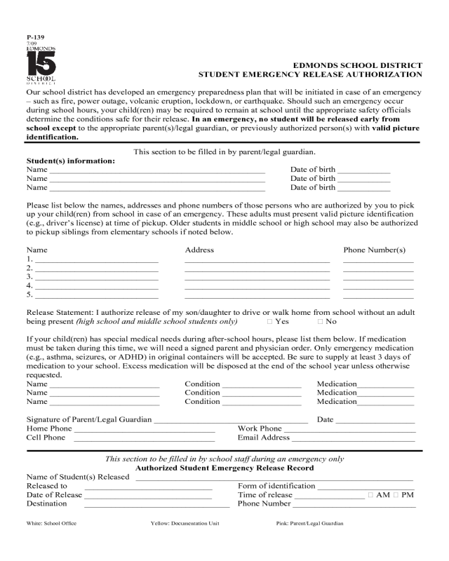Student Emergency Release Authorization Form