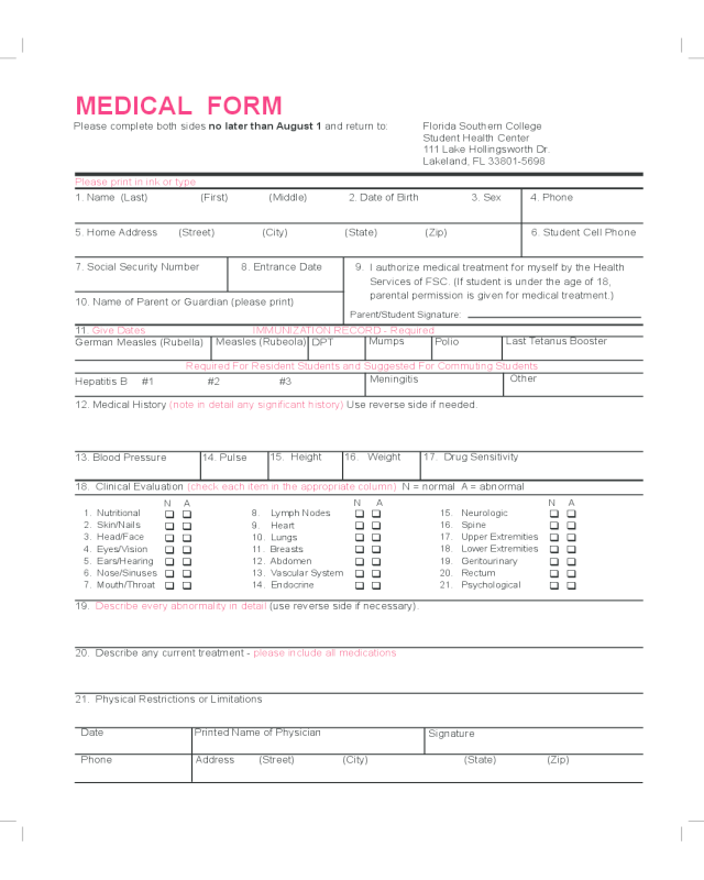 Student Medical Form - Florida