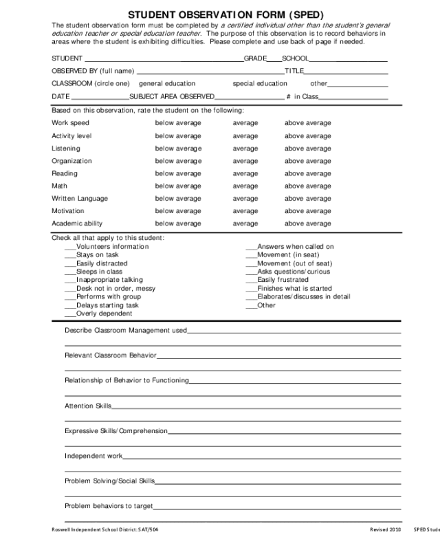 Student Observation Form - New Mexico