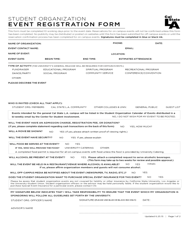Student Organization Event Registration Form - California State University