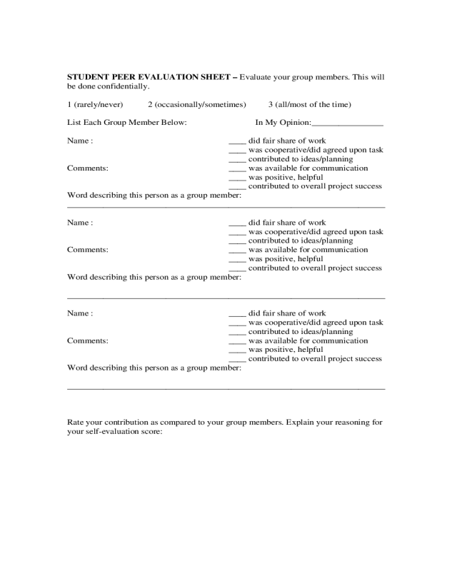 Student Peer Evaluation Sample Form
