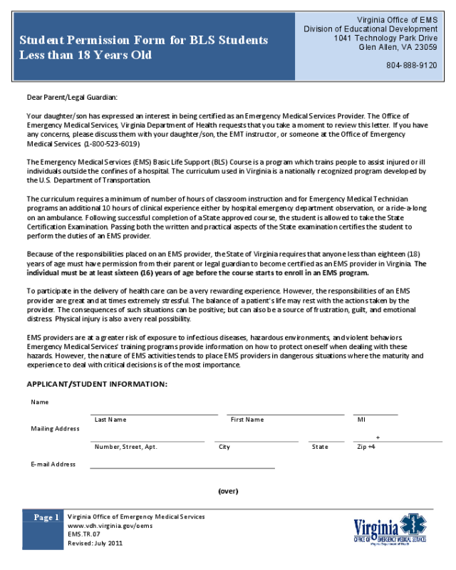 Student Permission Form - Virginia