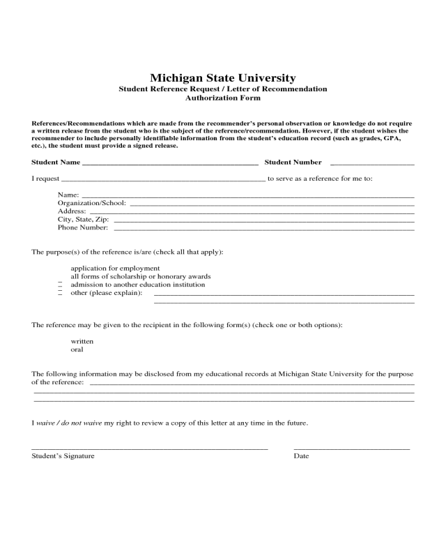 Student Reference Request/Letter of Recommendation Authorization Form
