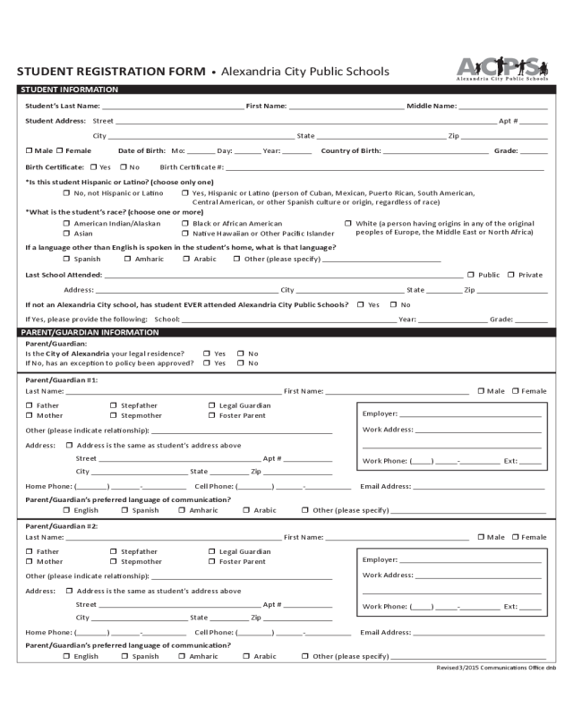 Student Registration Form - Alexandria City Public Schools