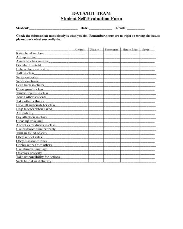 Student Self Evaluation Template