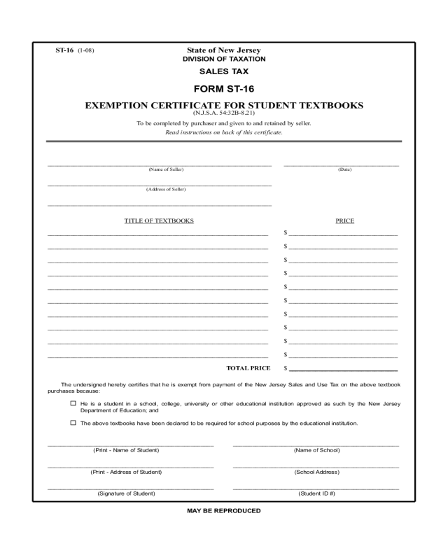 Student Tax Exemption Form - New Jersey