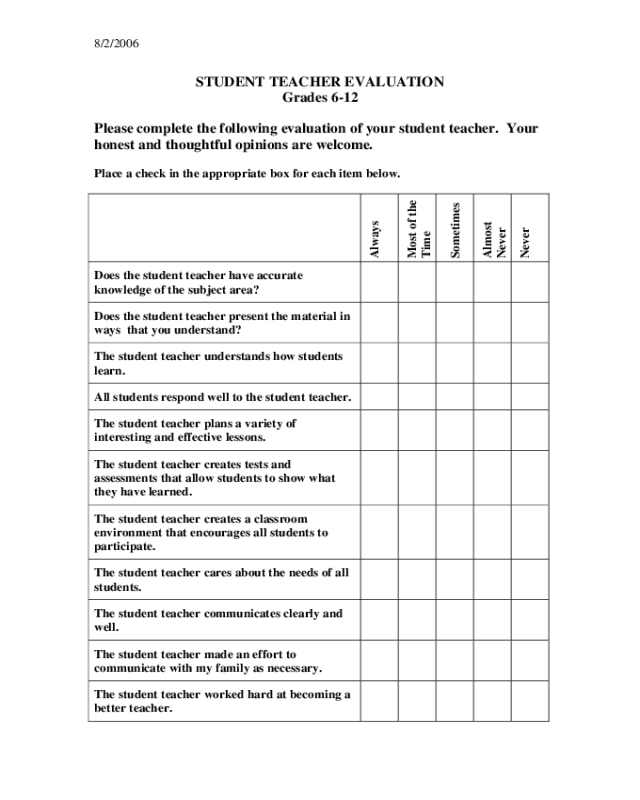 2022 Student Teacher Evaluation Form Fillable Printable PDF Forms 
