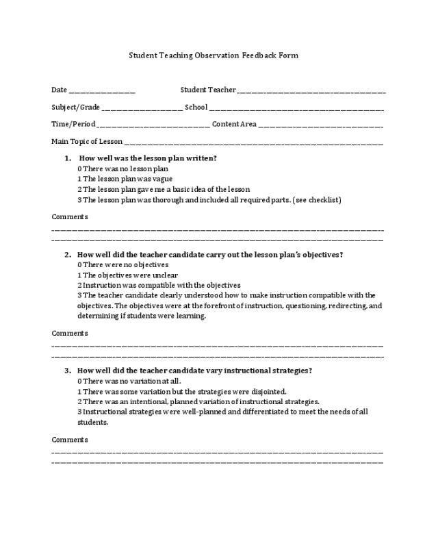 Student Teaching Observation Feedback Form