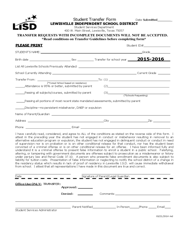 Student Transfer Form - Lewisville Independent School District