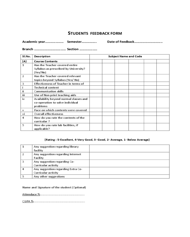 Students Feedback Form Sample