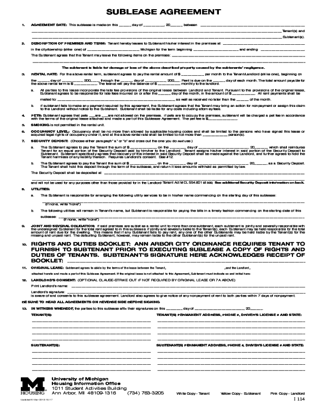 Sublease Agreement Form - Michigan