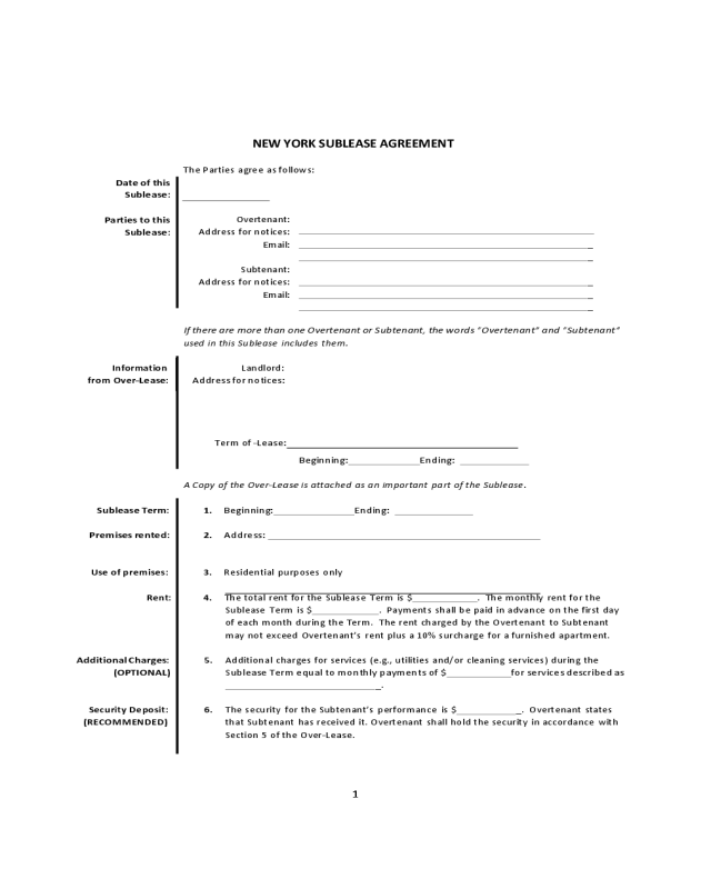 Sublease Agreement Form - NewYork
