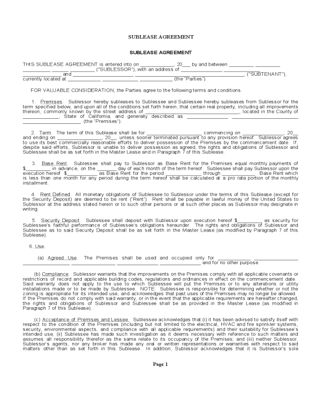 Sublet Contract Form - California