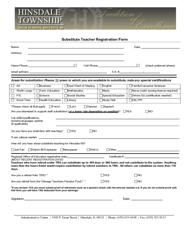 Substitute Teacher Registration Form - Hinsdale, Colorado