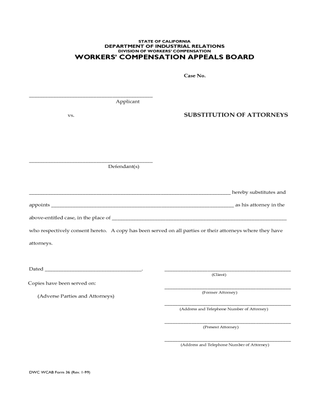 Substitution of Attorney Form - California