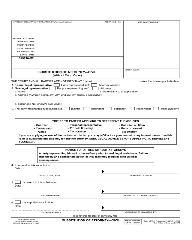 Substitution of Attorney Form - Civil